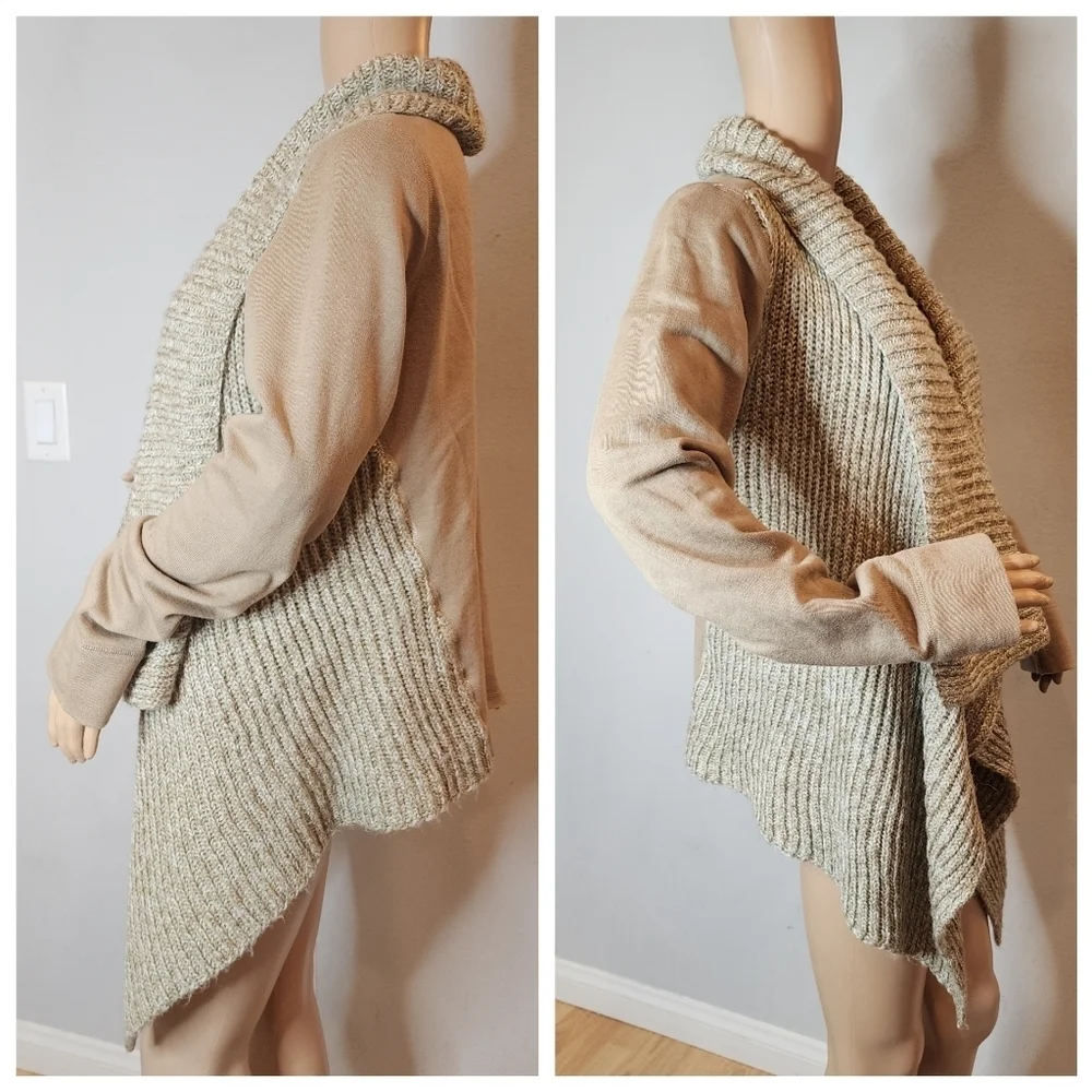 Prana wool-blend tan‎ demure drape cardigan.  Women's size medium
